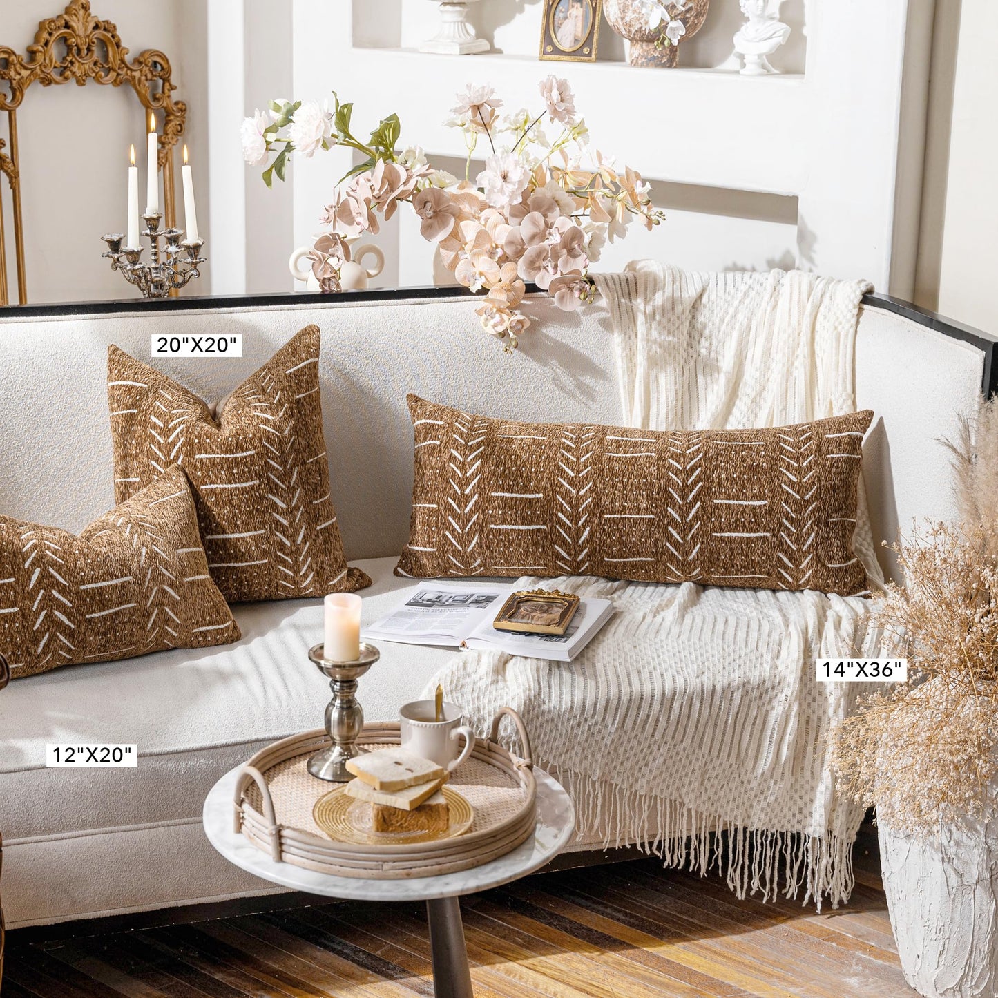 BlissBlush Brown Boho Lumbar Throw Pillow Cover 14X36, Decorative Long Accent Body Lumbar Pillow for Bed, Farmhouse Woven Textured Lumbar Pillowcase for Couch (Cover ONLY)