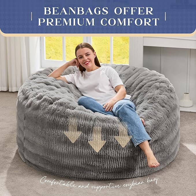 Hobestluk Bean Bag Chairs Beanbag Chair with Filler Adult Bean Bags with Fluffy Ripple Cover, Giant Bean Bag Chairs for Adults (Grey, 5FT - 50" x 50" x 24")