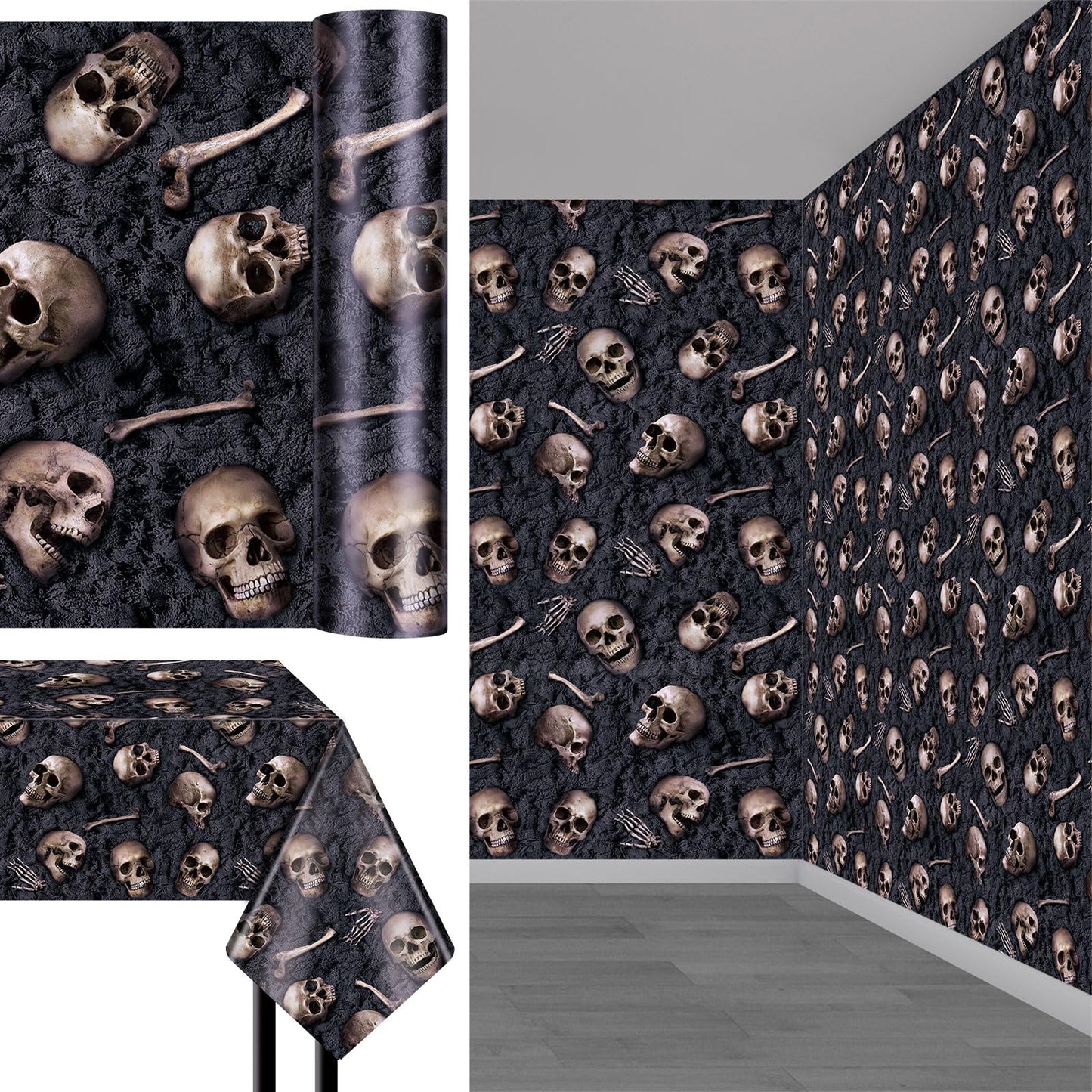 Preboun 100 ft x 54 Inches Halloween Skeleton Tablecloth Skull Wallpaper Halloween Scene Setters Room Skeleton Theme Plastic Waterproof Catacombs Skull Backdrop for Party Decoration Supplies