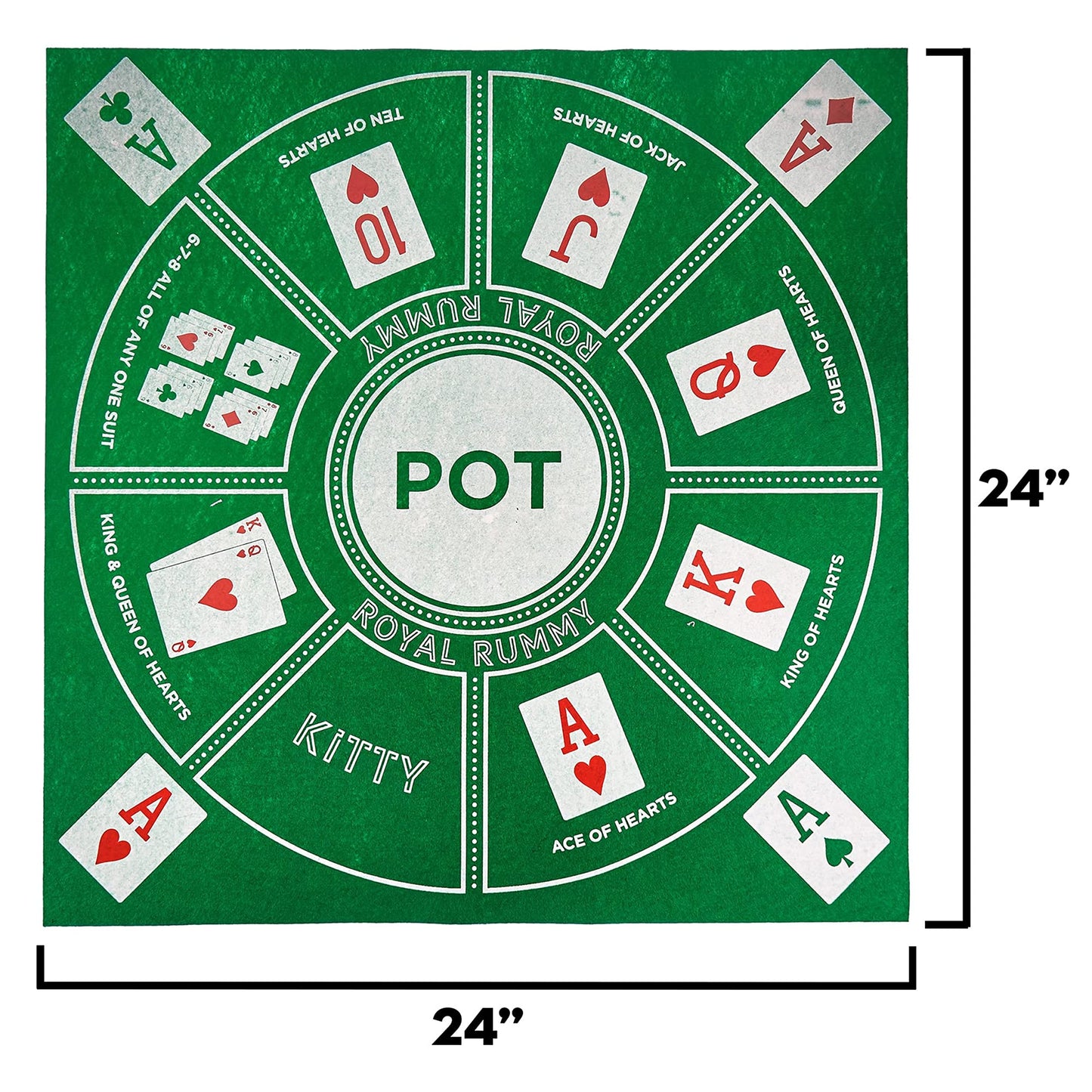 MBGBrybelly Royal Rummy Play Mat - 24" x 24" Green Felt Mat - Classic Family Casino Card Games of Bets and Bluffs - for Fans of Poker, Michigan Rummy, and Rummy Games - 30+ Min Gameplay, 2-9 Players