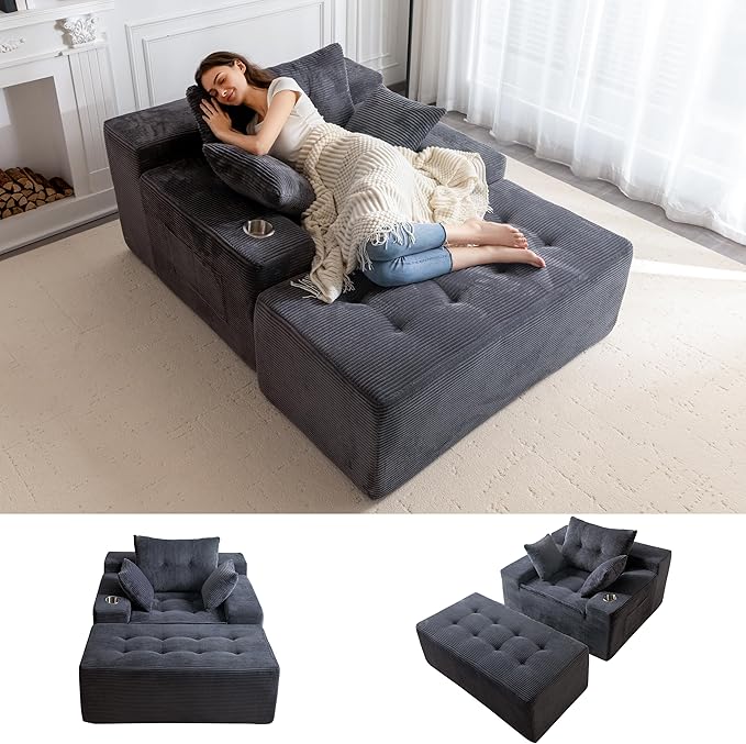 MAXYOYO Modular Sectional Chaise Lounge Sofa, Upholstered Lounge Chair with Pillows Indoor, Tufted Boneless Sofa Couch with Ottoman, Deep Seat Sleeper Chair for Living Room, No Assembly, Grey