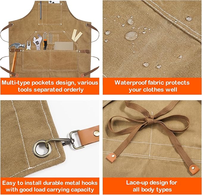 Yxiang Black Handmade Work Apron with 11 Tool Pockets, Heavy Duty Waxed Canvas Workshop Tool Aprons Woodworking Apron