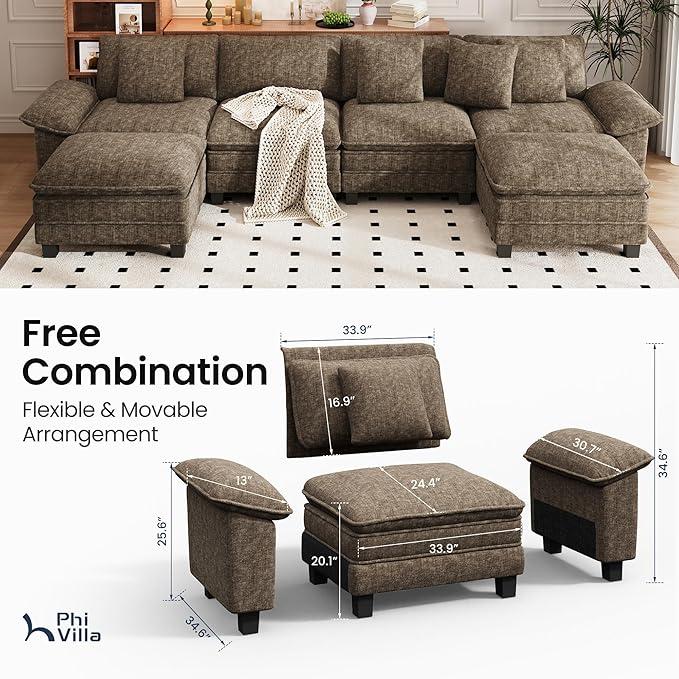 PHI VILLA Cloud Modular Couch Sets, 157.5" Sectional Sofa with U-Shaped Chaise, 6-Seater Couches with Movable Ottomans for Living Room, Chenille Fabric, Taupe