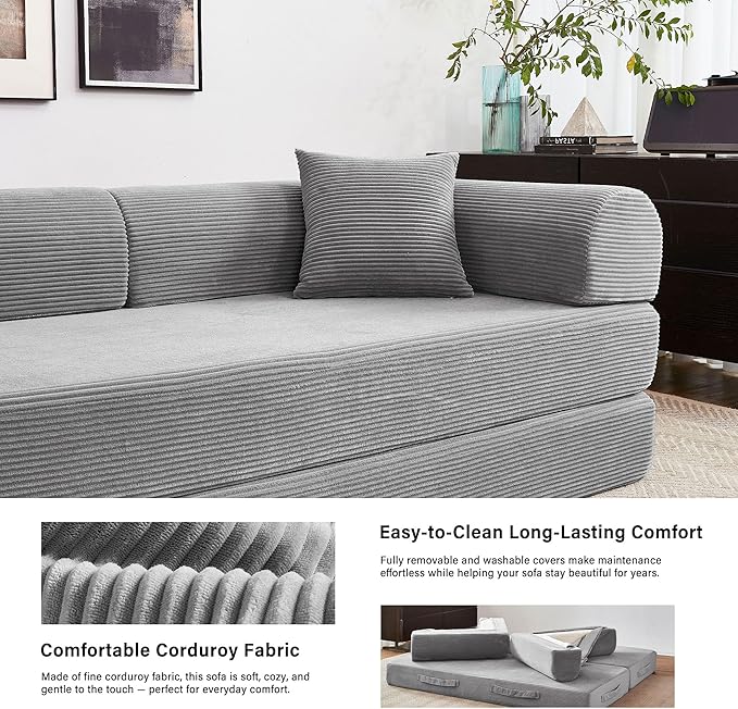 79" 5-in-1 Folding Convertible Sofa Bed, Oversized Corduroy Futon Floor Couch with Pull-Out Sleeper, Modular Boneless Loveseat for Small Spaces, Living Room, Bedroom (Light Grey)