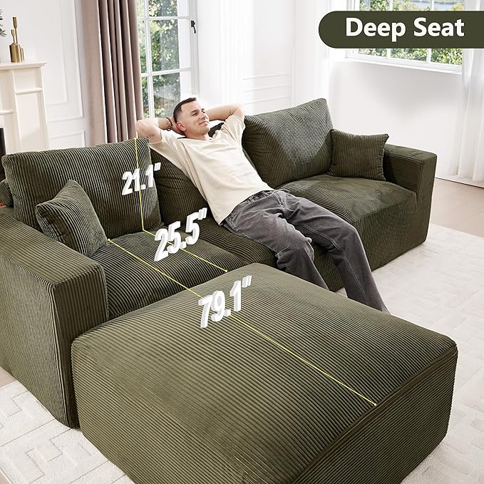 113" Modular Sectional Sofa, Compression Sofa with Deep Seat, Convertible Sofa Bed Couch with Ottoman, Upholstered Couches for Living Room Bedroom,No Assembly Required (Green Corduroy, 113" Sofa Bed)