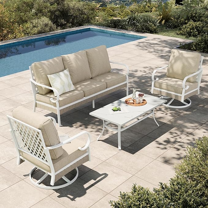 HERA'S HOUSE 4-Piece Patio Furniture Set with Metal & Rattan Design, Includes 2 Swivel Chairs, 3-Seat Sofa & Marble Coffee Table, All-Weather Outdoor Conversation Set for Garden Backyard, Beige