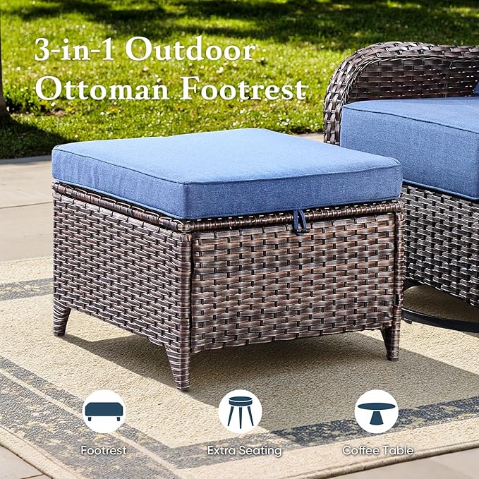 Belord Luxury 6" Thick Cushioned 6 Pieces Patio Furniture Set with Outdoor Couch, Wicker Outdoor Conversation Set with High Back Swivel Rocker Chairs for Deck Porch Yard and Poolside - Brown+Blue