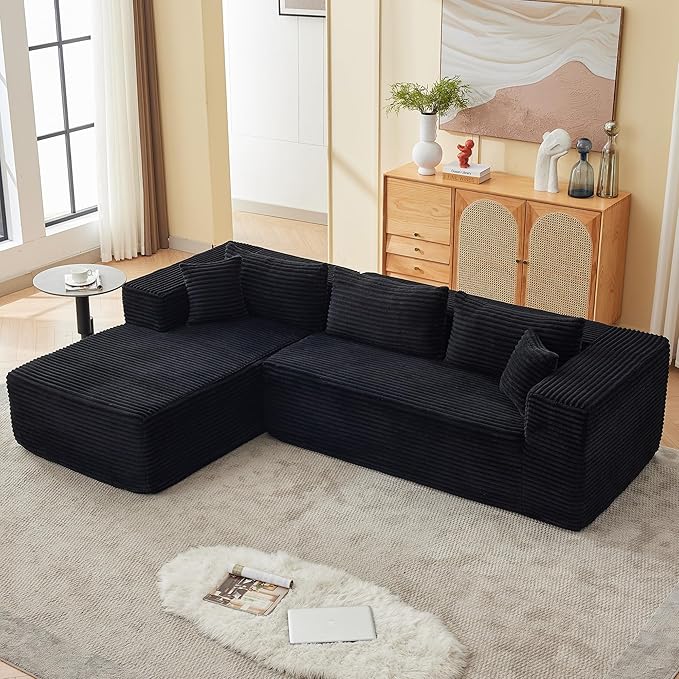 107" Modular Sectional Sofa, L-Shaped Cloud Couch with Deep Seat, Boneless Fluffy Corduroy Sofa for Living Room, No Assembly Required, (Left Facing Chaise,Black)
