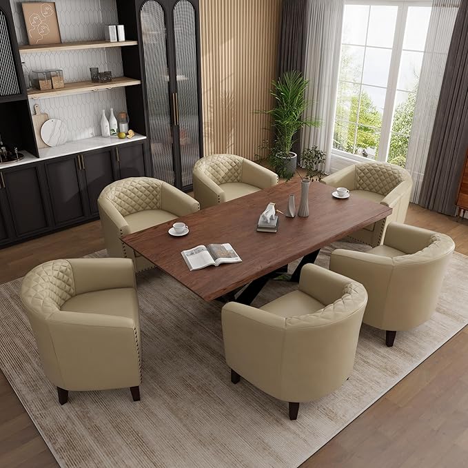 UIXE Faux Leather Barrel Accent Chairs Set of 6, Modern Club Upholstered Arm Chair, Comfy Armchair Nailed Trim Living Room Single Sofa Reading Seat Bedroom Side Sitting for Office, Beige