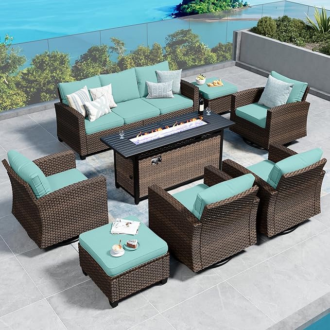SUNSHINE VALLEY Swivel Glider Patio Furniture Set Outdoor Furniture Brown Wicker Rattan Patio Conversation Sets with Cushion Outside Sofa Set,7 Pieces with Rectangular Firepit Table,9 Seats,Blue