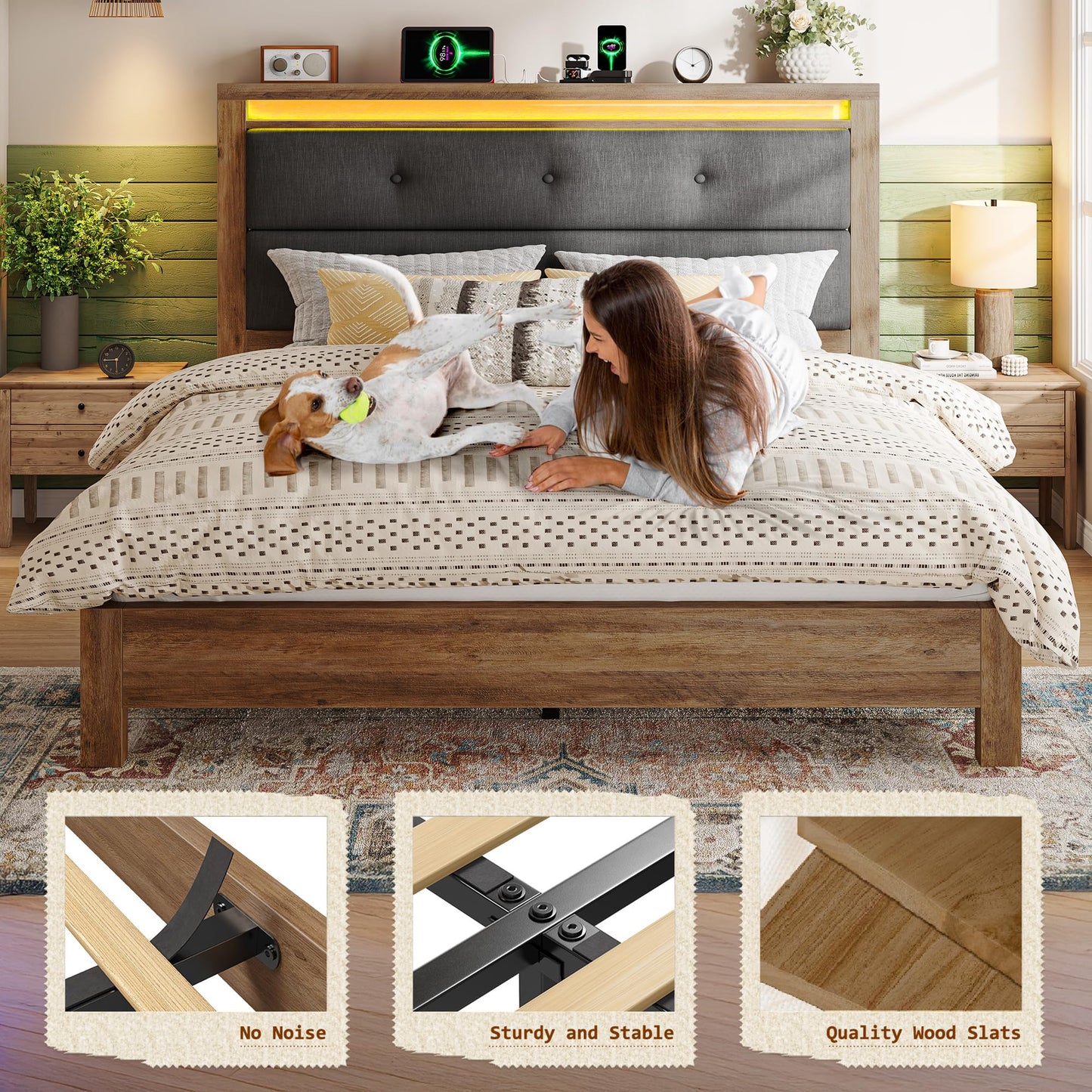 EnHomee Queen Bed Frame, Queen Size Bed Frame Solid Wooden Platform with Built in Charging Station & Upholstered Headboard LED, No Noise, Easy Assembly, No Box Spring Needed