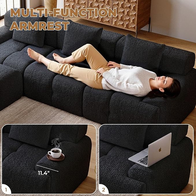 135" Modern L Shaped Modular Sectional Sofa, 6 Seater Convertible Chenille Cloud Couch Sofa Set, Boneless Couches for Living Room with Ottoman, No Assembly Required, Black