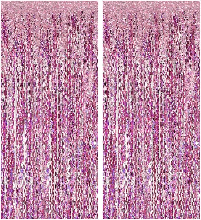 Pink Streamers Fringe Backdrop Tinsel Foil Fringe Curtains Wavy Backdrop for Parties Sparkle Metallic Wavy Foil Fringe Bac...