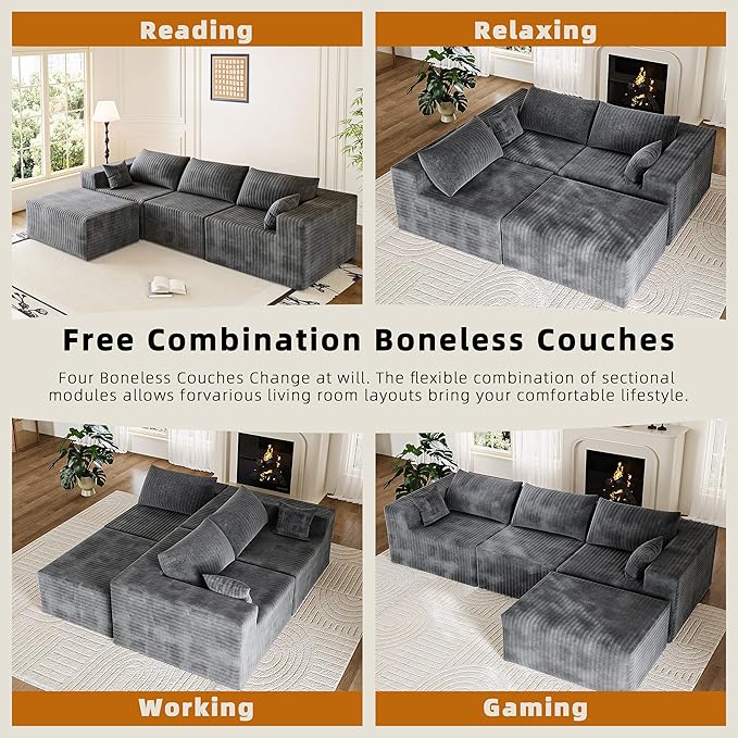 CABZOON 110" Cloud Couch Sectional for Living Room L-Shape Boneless Couches Modular Sectional Sofa with Deep Seat Plush with Chaise,No Assembly Required, Carbon Gray(Plush Corduroy Fabric)