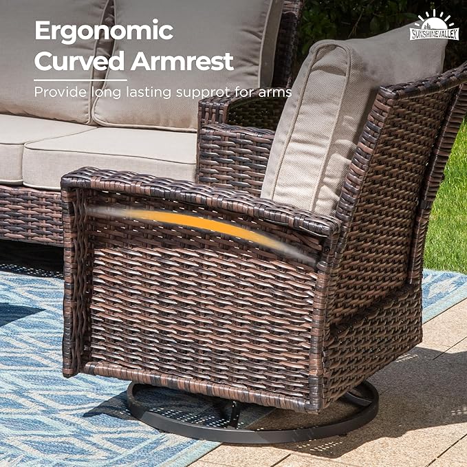 SUNSHINE VALLEY 5 Pieces Patio Furniture Set with Swivel Chairs, High Back Wicker Rattan Sofa with Extra Thick Cushion and Ottoman, Outdoor Conversation Set for Garden Backyard Deck,Beige