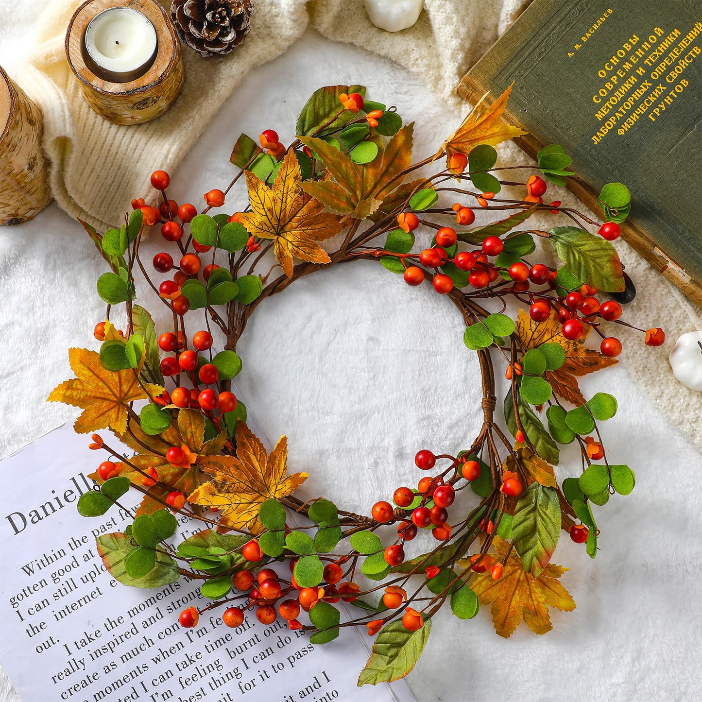 FineCheer 1 Pcs 6.5'' Inner 12" Outer Fall Candle Rings Artificial Maple Leaves Berries Garland for Candlestick Autumn Wreath Candle Holders for Fall Thanksgiving Halloween Table Centerpiece Decor