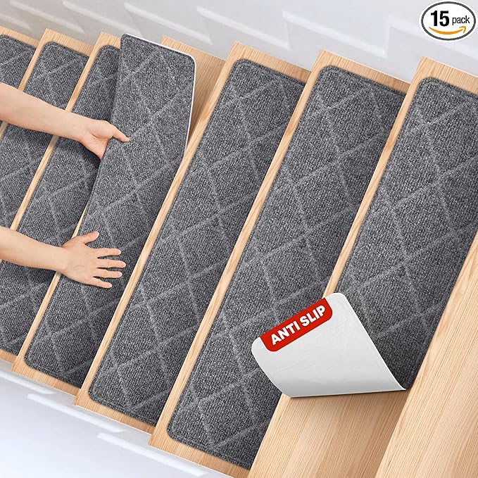 MBIGM 8" X 30" (15 in Pack) Non-Slip Carpet Stair Treads Non-Skid Safety Rug Slip Resistant Indoor Runner for Kids Elders & Pets with Reusable Adhesive - Dark Gray Diamond Weave