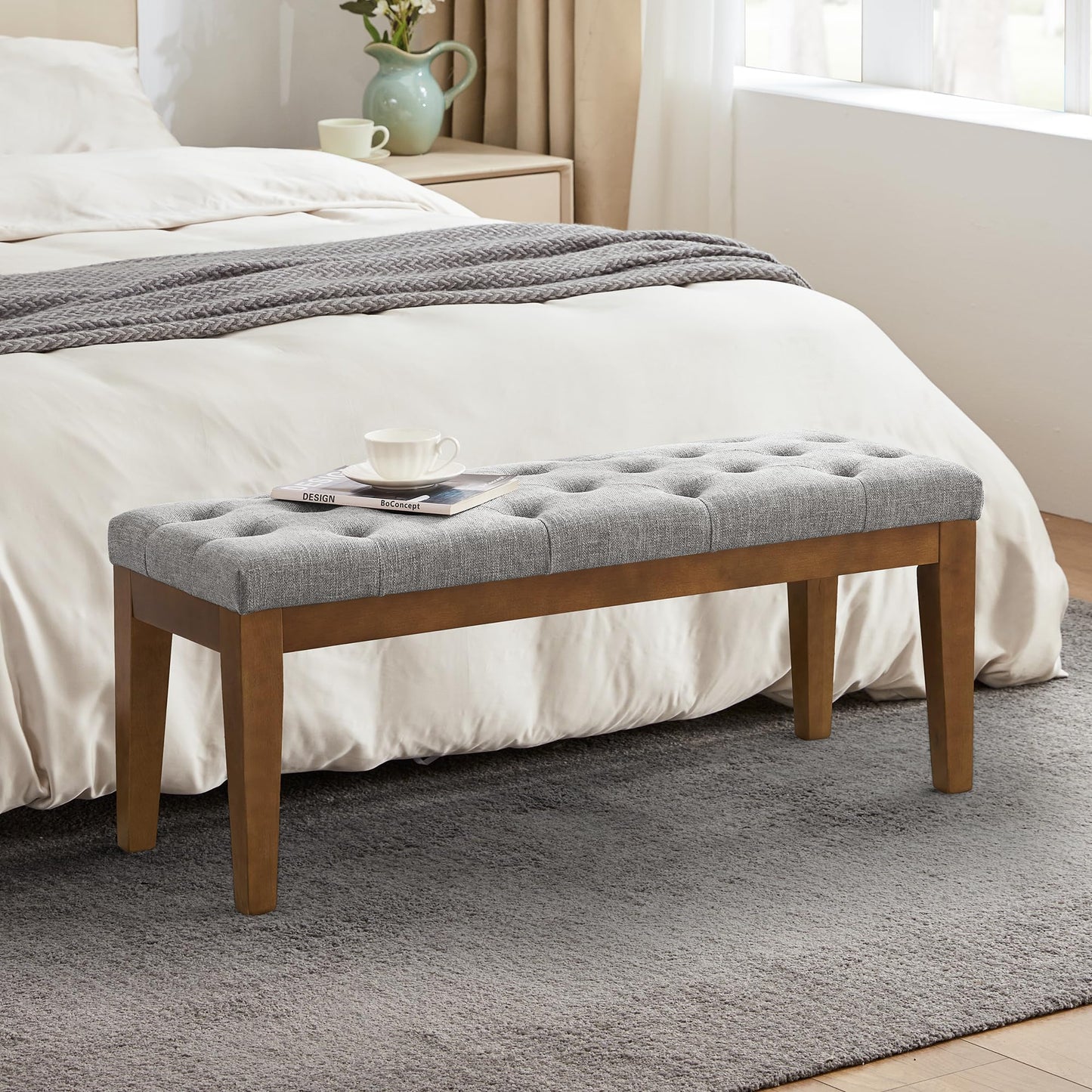 HUIMO Bedroom Bench End of Bed, Upholstered Dining Bench for Kitchen, Button-Tufted Entry Bench, Fabric Ottoman Bench for Living Room, Entryway,Grey, BEN2-4
