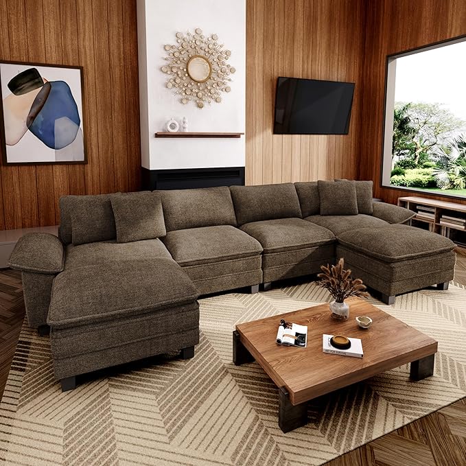 MIXPATIO 157-Inch U Shaped Sectional Sofa with Cloud Cushions, Deep Seat Modular Couch Set w/ 6 Seats & 2 Ottomans, Removable Arms, Plush Chenille Upholstery for Living Room, Apartment - Taupe