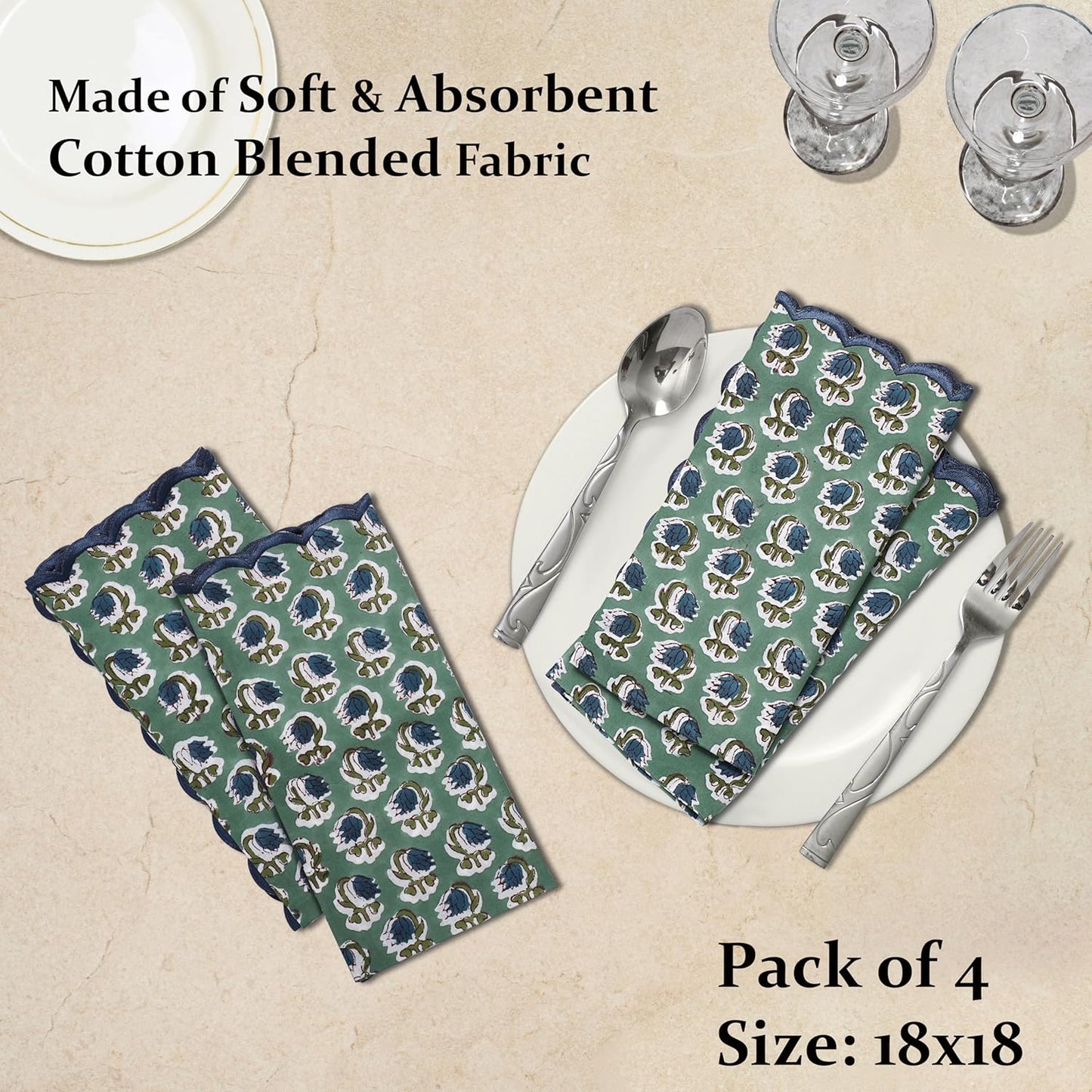 Ridhi Basil GreenHand Block Print Napkins 18" x 18" Set of 4 Reusable Cotton Dinner Napkins for Weddings, Parties & Everyday Dining, Thanksgiving, Christmas, Fall
