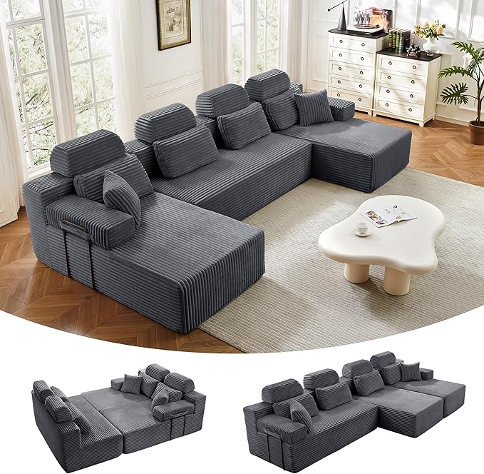 141" U-Shaped Cloud Modular Sectional Sofa with Chaise & Headrest, Boneless Deep Seat Plush Corduroy Couches for Large Living Room, No Assembly Required (Dark Gray, 141" U-shapred Chaise)
