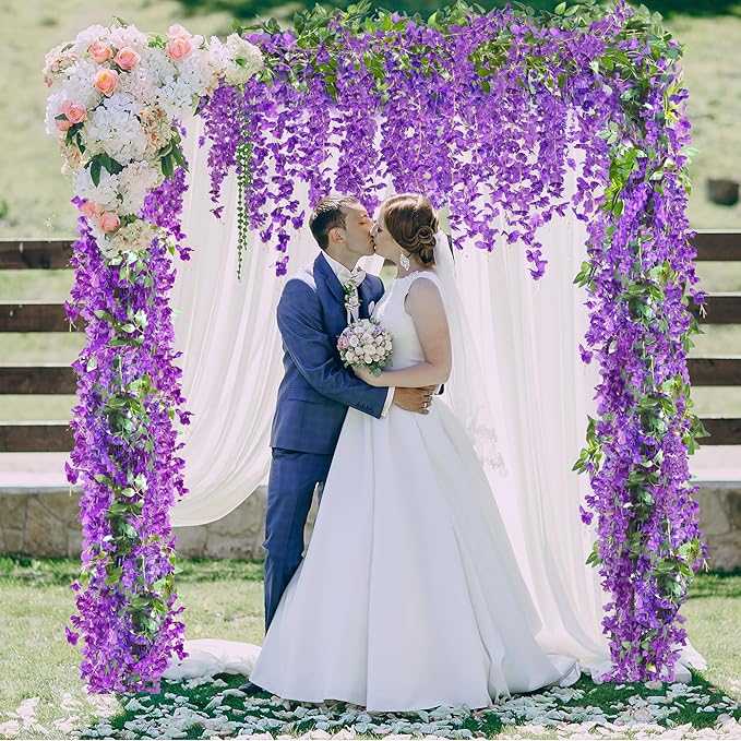Sggvecsy 6Pcs Wisteria Garland Artificial Flowers Garland Fake Hanging Wisteria Vines Rattan Silk Hanging Flower Vines for Home Garden Outdoor Wedding Arch Party Ceremony Total 35.4Ft (Purple)