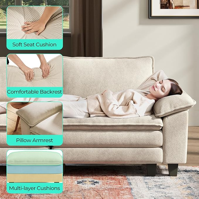 LINSY HOME 90'' Cloud Loveseat Sofa, Modular Sectional Couches Corduroy Cloud Couch Soft Modern Comfy Love Seat Sofa Set for Living Room Apartment Office, Beige