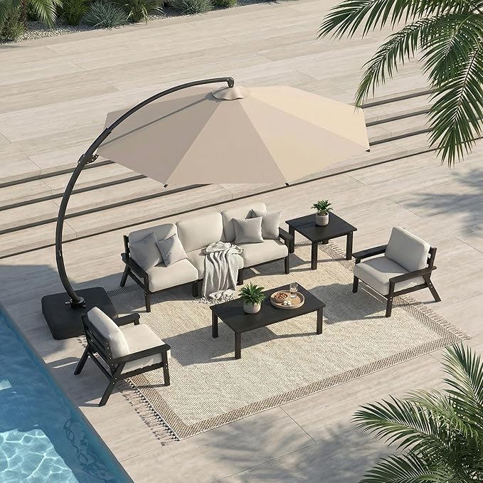 Patio Kingdom 7 Piece Patio Conversation Sets, Outdoor Couch with Washable Thick Beige Cushions, HDPE Patio Furniture Set with 12FT Umbrella, Outdoor Sectional Furniture for Backyard (Black Frame)