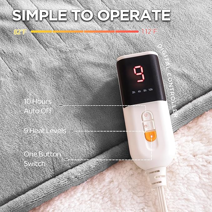 Heated Blanket Full Size - Single Controllers Electric Blanket Full with 9 Heat Settings & 10 Hour Auto Off,Overheat Protection,Machine Washable 72"x84"(Dark Gray)