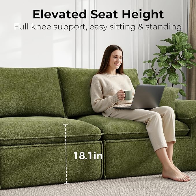 LIKIMIO 120" L-Shaped Modular Sectional Sofa, Cloud Sectional Couch with Deep Seat, Comfy Teddy Upholstery, Oversized 3-Seater with Ottoman, Boneless Couch for Living Room, No Assembly, Green