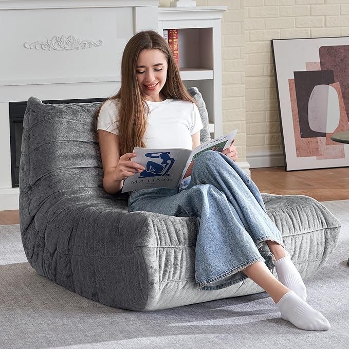 HABUTWAY Bean Bag Chair, Giant Bean Bag Chairs for Adults, Bean Bag Sofa with Filler Faux Fur, Memory Foam Bean Bag Couches Fireside Lazy Sofa for Living Room, Bedroom, Office (Light Grey)