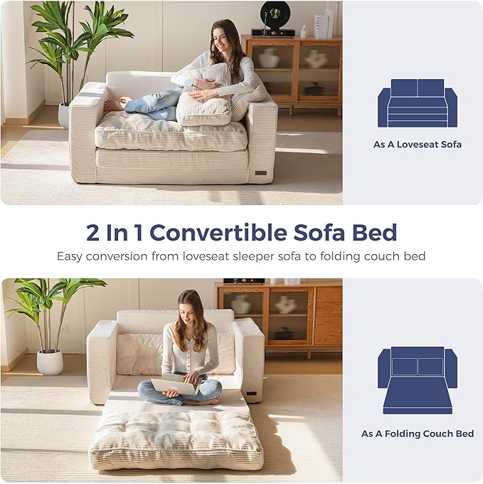 MAXYOYO Convertible Sofa Bed, Pull Out Loveseat Sleeper Sofa, 2 in 1 Folding Couch Bed, Fold Out Floor Couch with Pillows for Living Room Bedroom Lounge, Beige