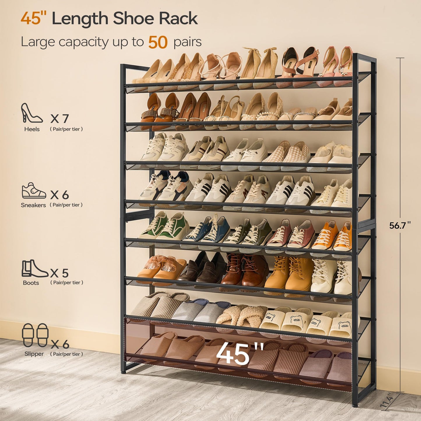 Nunsino Shoe Rack, Long Shoe Organizer,Max Holds 50 Pairs,8 Tier Metal Shoe Storage Shelf,4-Tier Stackable Shoes Organizer for Garage, Entryway, Black