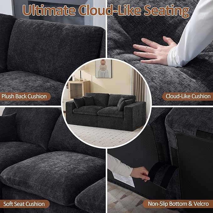 88''Cloud Boneless Sectional Couch, Modular Sectional Sofa Deep Seat, Upholstered Convertible Comfy Loveseat Chenille Memory Foam Sofa Couches for Living Room, Dark