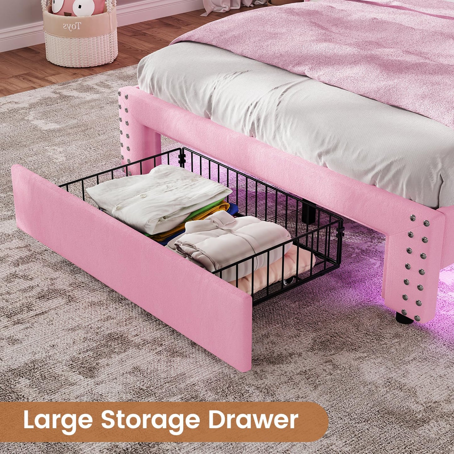 VIAGDO Pink Twin Bed Frames with LED Lights, Upholstered Platform Bed Frame Twin Size with Storage Headboard and Charging Station, LED Twin Bed Frame, No Box Spring Needed