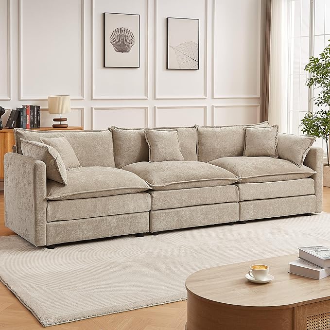 saows Modular Sectional Sofa, 112.2 Inch Rectangle Shaped Couch Set with Armrests, 3-Seater Comfy Cloud Couches for Living Room Apartment, Coffee