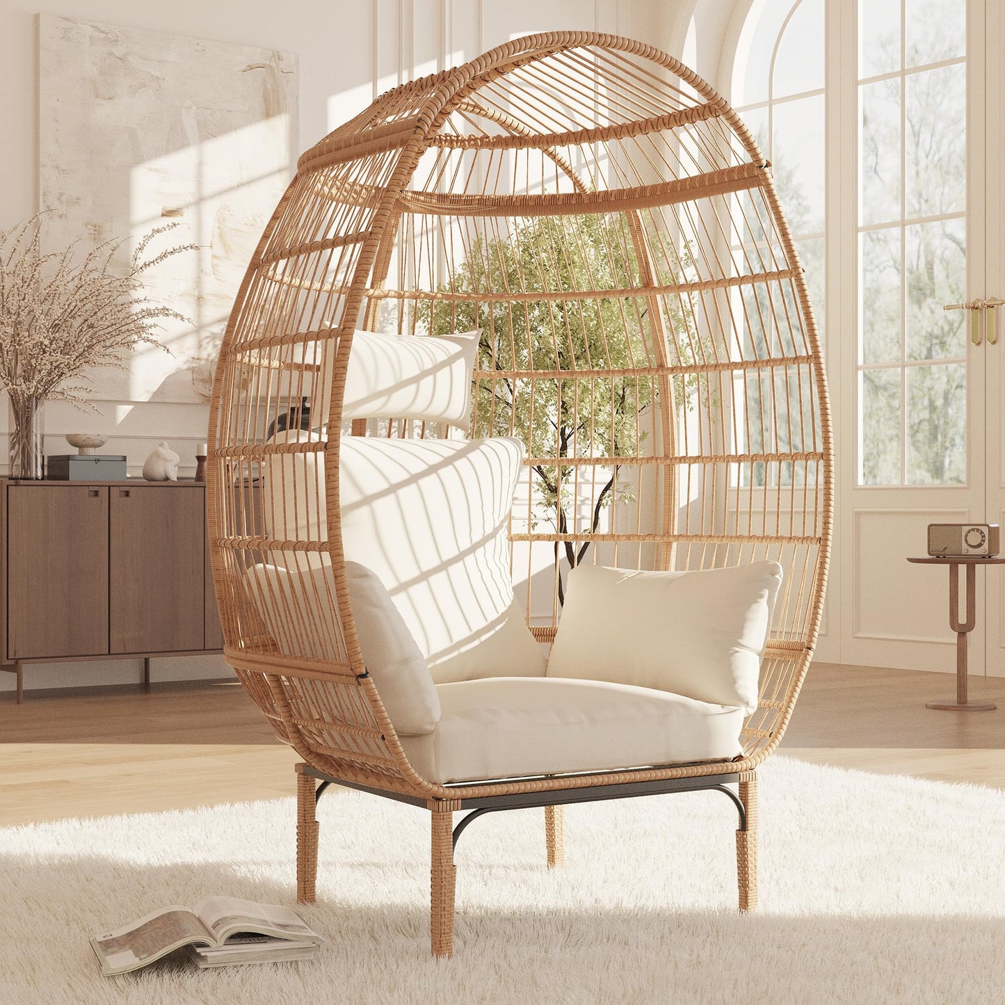Reljofum 500 Lbs Capacity Oversized Wicker Egg Chair, All-Weather Rattan Egg Lounge Chairs for Patio, Backyard, Living Room, Outdoor Oversized Egg Chair Indoor w/5 Cushions