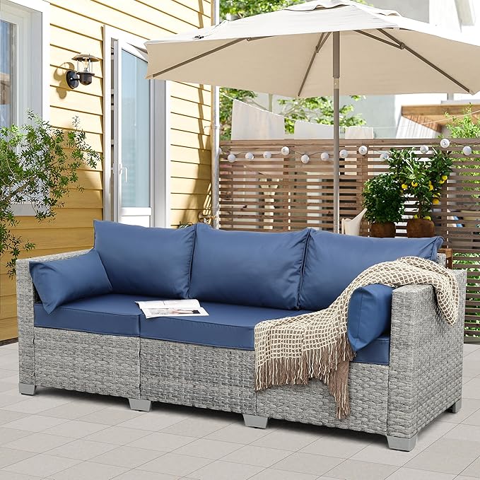 WAROOM Outdoor Couch 3 Seater Wicker Patio Sofa Grey Rattan Deep Seat Balcony Furniture Porch Seating with Navy Blue Cushion
