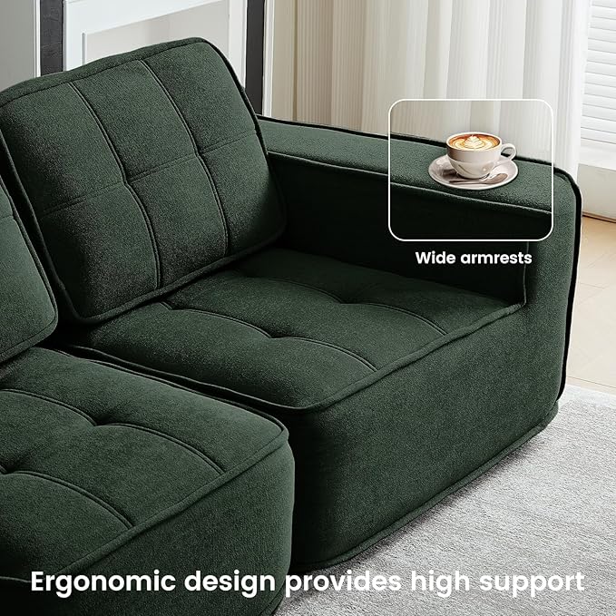 108" Boneless sectional Couch for Living Room,Convertible L-Shape Fleece Couches with Ottoman, Cloud Modular Sofa with Deep Seat for Bedroom, No Assembly,Green