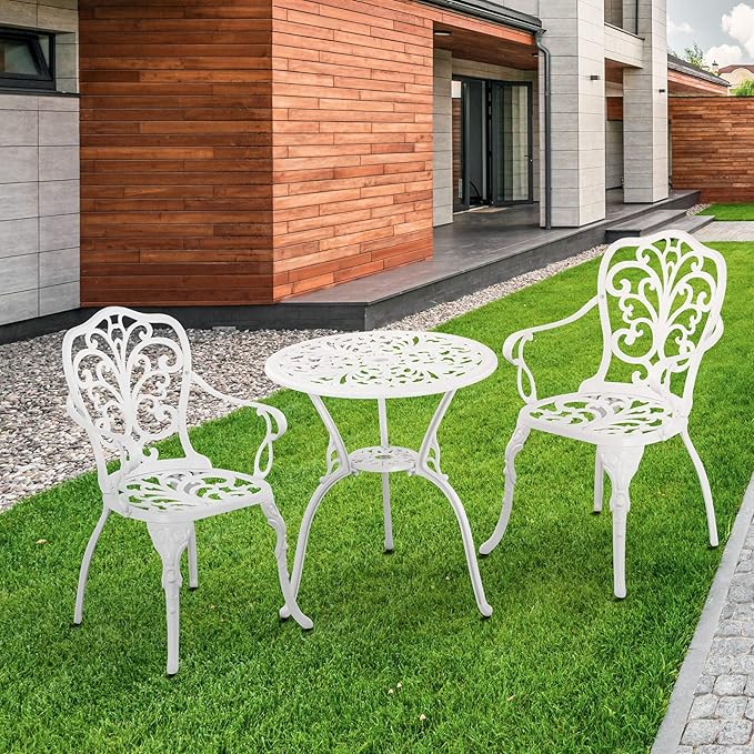 Withniture Patio Bistro Sets 3 Piece,Cast Aluminum Bistro Table and Chairs Set of 2 with 1.97" Umbrella Hole,All Weather Bistro Table Set Outdoor Patio Furniture for Garden,Yard(Butterfly White)