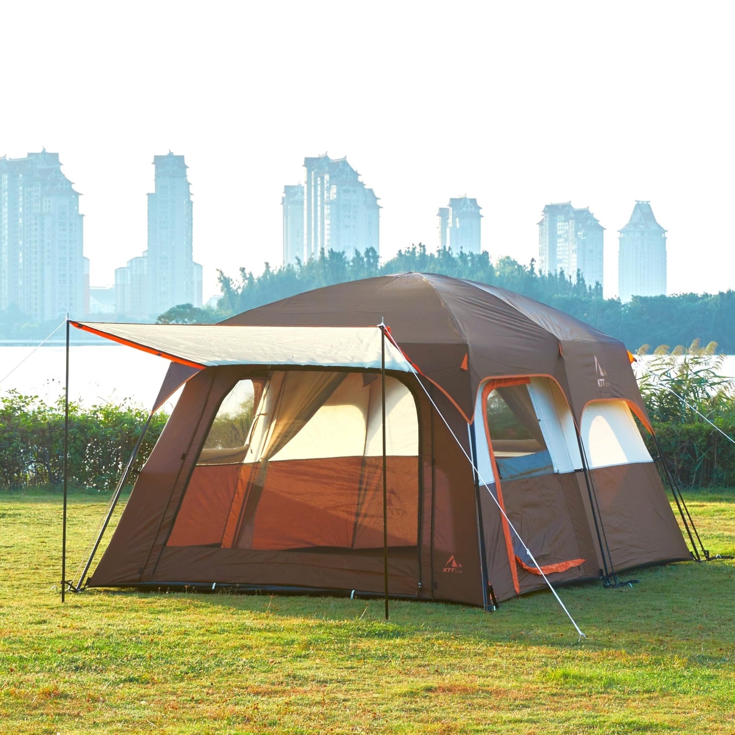 KTT Extra Large Tent 10 Person,Family Cabin Tents,2 Rooms,3 Doors and 3 Windows with Mesh,Straight Wall,Waterproof,Double Layer,Big Tent for Outdoor,Picnic,Camping,Family Gathering(Brown)