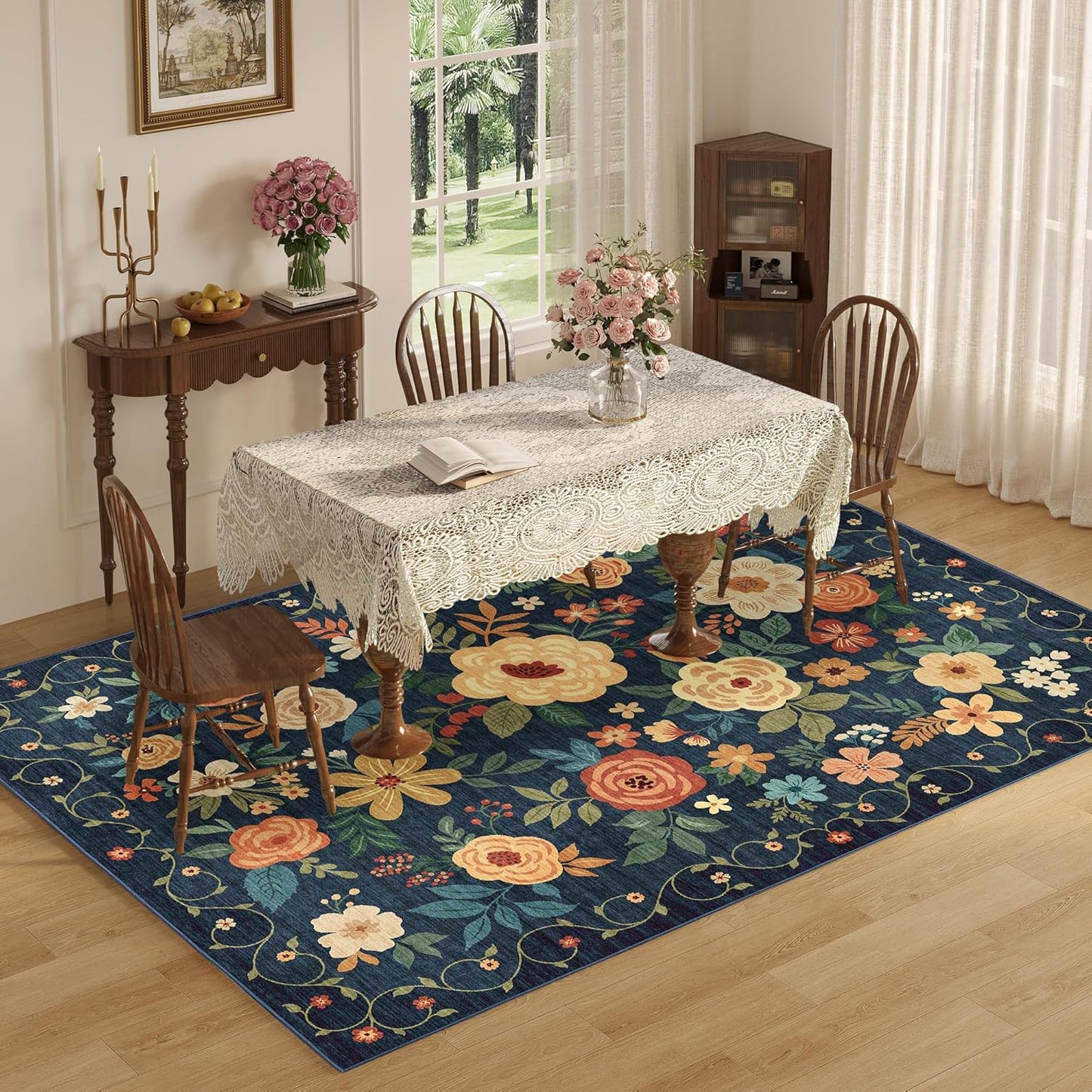 DUKINO 6x9 Area Rug, Floral Rugs for Living Room, Lightweight Non Slip Washable Rug, Indoor Low Pile & Non-Shedding Boho Design Rugs for Bedroom, Living Room, Dining Room, Dark Blue