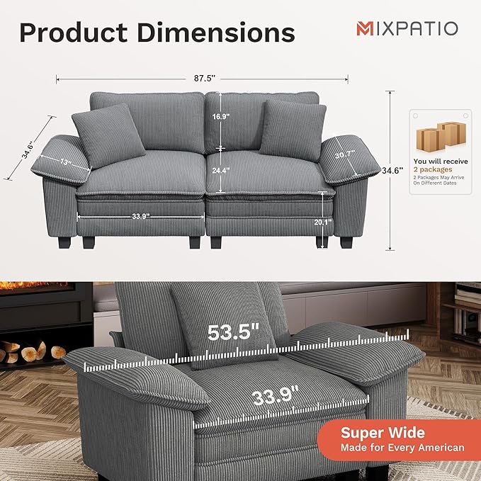 MIXPATIO 87" Cloud Modular Sectional Loveseat, 2-Seater w/Deep Seat & Removable Arms, Plush Corduroy for Small Living Room & Apartment - Gray