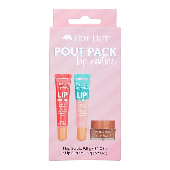 Tree Hut Sugarlips Pout Pack Lip Routine Set, Exfoliating Lip Scrub & Hydrating Lip Butters (Strawberry & Watermelon), Nourishing Lip Care, Holiday Gift & Stocking Stuffer