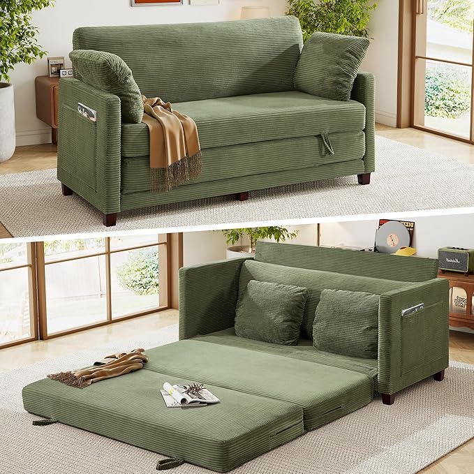 kakuboohi 65" Loveseat Sleeper Sofa Bed, Corduroy Convertible Sofa Bed for Small Spaces, Folding Couch Bed with Deep Seat, 2 Pillows & Solid Frame, Pull Out Floor Couches for Living Room, Green