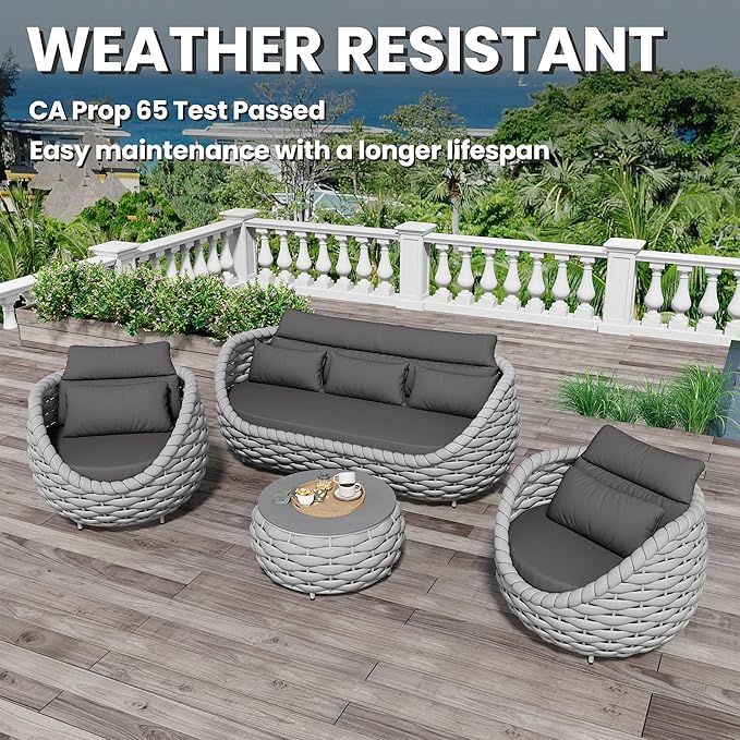 Erotr Woven Rope Patio Furniture Set: 4 Pieces Aluminum Outdoor Conversation Sofa Set Assembled - Modern Couch Set Cushioned - All Weather Metal Porch Seating for 5 Person Deck Garden Hotel Resort