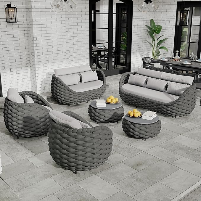 Erotr Patio Conversation Deck Furniture Set: 6-Piece Aluminum Woven Rope Outdoor Sofa Set - Modern Cushioned Couch Set - No Assembly Metal Porch Seating for Deck Yard Garden Lanai Pool Hotel Resort