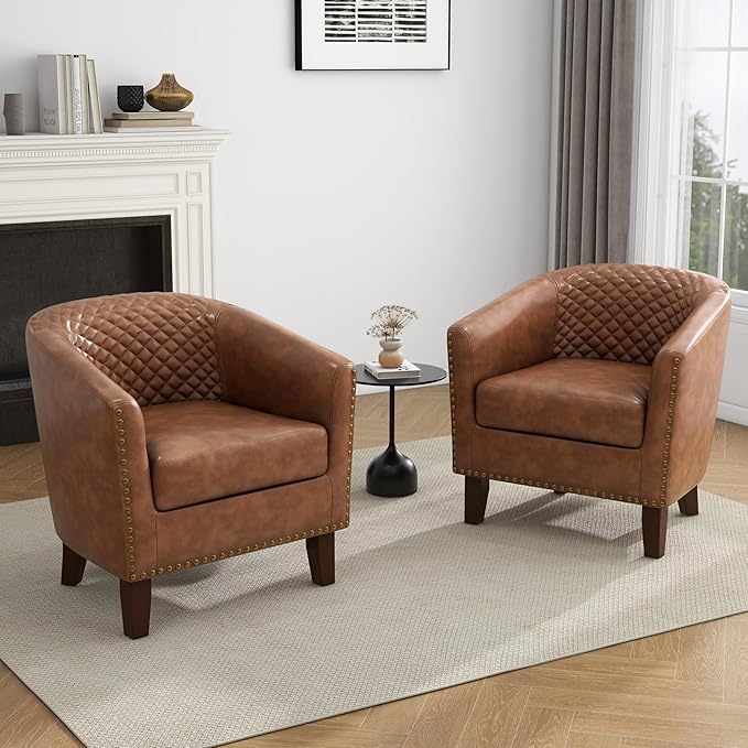 UIXE PU Leather Barrel Accent Chairs Set of 4, Modern Upholstered Armchair Round Club Chair for Living Room, Comfy Nailed Trim Arm Chair Bedroom Side Reading Seat - Brown