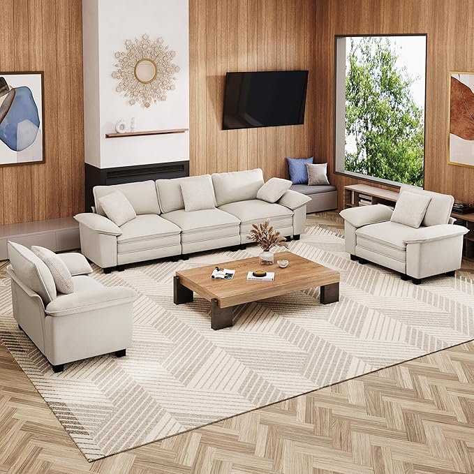 MIXPATIO Cloud Couch Sectional Sofa Set, Plush 24.4-Inch Deep 5-Seat Sectional with Velvety Chenille & Removable Arms for Living Room and Apartment, Beige
