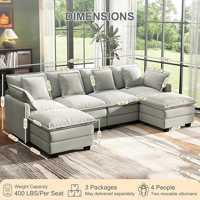 107" Cloud Couch Sectional, U Shaped Modular Sectional Sofa, 4-Seat Deep Seat Couch with 6 Removable Washable Pillows and 2 Ottoman for Living Room, Bedroom, Apartment, Light Grey